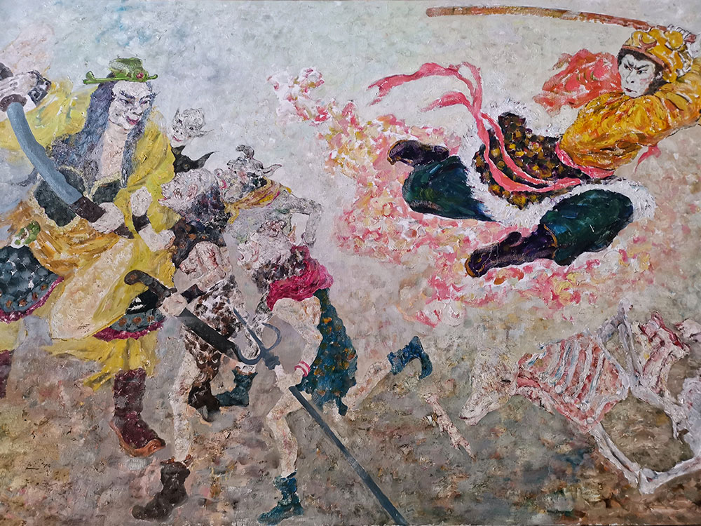 Le grand combat contre le monstre en robe jaune - Tableau du Moine Dahan